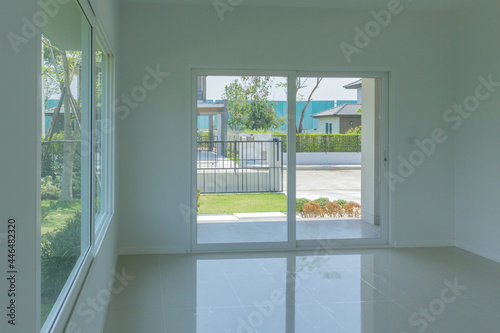 Empty room with glass window frame house interior on concrete wall