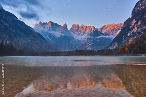 autumn mountain lake. Lago di Landro, Dolomites Alps, Italy