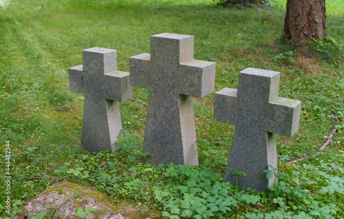 Three stone crosses in a cemetery in the forest.