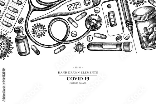 Design with black and white vial of blood, pills and medicines, medical thermometer, coronavirus rapid test, coronavirus bacteria cell, stethoscope, syringe, vaccine