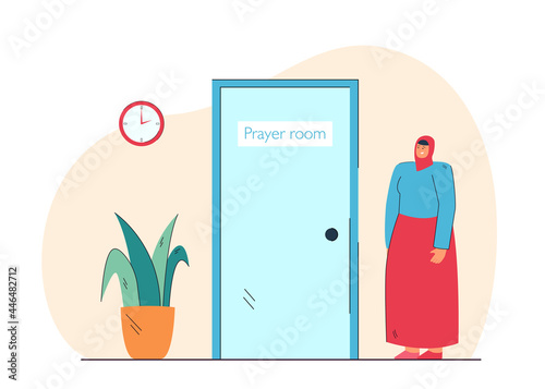 Woman in headscarf preparing to enter prayer room. Flat vector illustration. Believing woman praying, following precepts of her religion. Religion, faith, traditions, rituals, spirituality concept