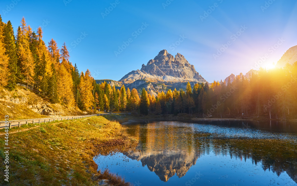 Morning view of Lago Antorno, Dolomites, Lake mountain landscape with Alps peak, Cortina d'Ampezzo, Italy.