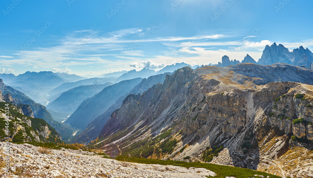 famous peaks of Tre Cime di Lavaredo National park, UNESCO world heritage site in Dolomites, Italy