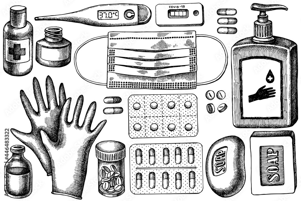 Vector set of hand drawn black and white pills and medicines, medical face mask, sanitizer bottles, medical thermometer, coronavirus rapid test, soap, medical gloves - obrazy, fototapety, plakaty 
