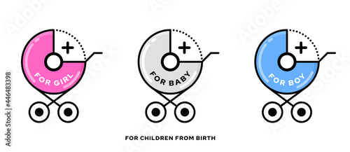 Conceptual stamps for baby products. A symbol indicating that the product is suitable for newborns and safe for children from birth. For girls and boys from 0 months. Stroller and zero plus. Vector