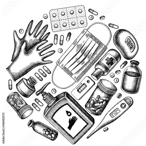 Round design with black and white pills and medicines, medical face mask, sanitizer bottles, medical thermometer, coronavirus rapid test, soap, medical gloves