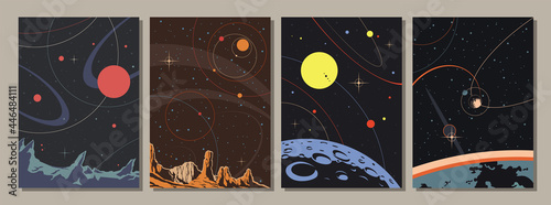 Fototapeta Naklejka Na Ścianę i Meble -  Old Space Illustrations Style, Alien Planets, Stars and Satellites