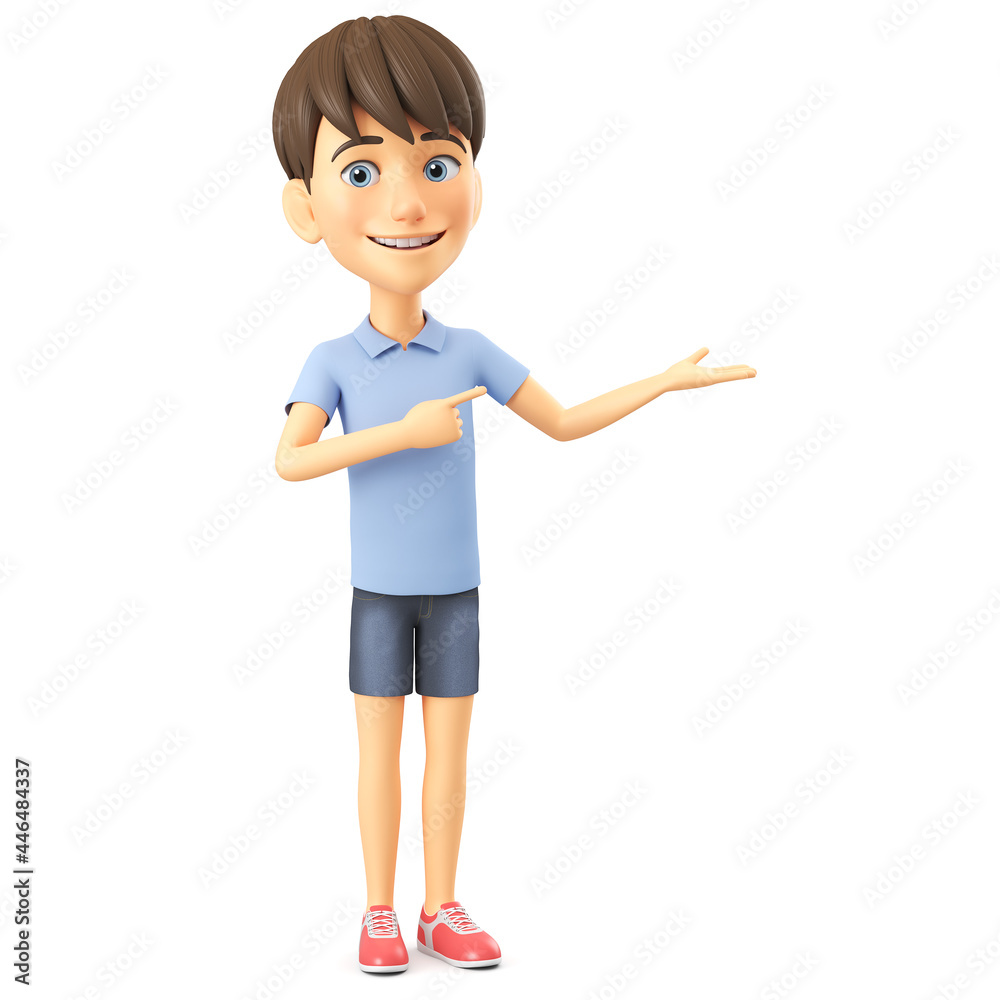 Cheerful cartoon character boy in a blue shirt points to an empty palm on a white background. 3d render illustration.