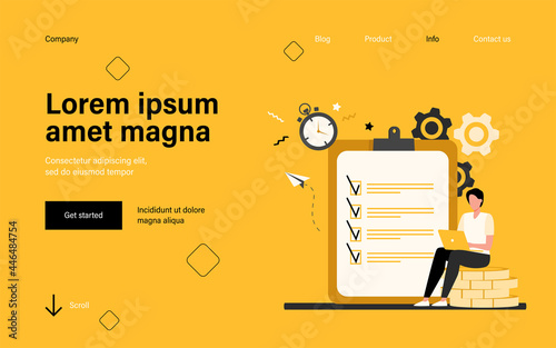 Tiny man checking to do list via laptop. Clock, coin, work flat vector illustration. Time management and business concept for banner, website design or landing web page
