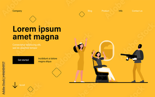 Armed terrorist aiming gun at plane passengers on board. People putting hands up in air flat vector illustration. On board aircraft hijacking concept for banner, website design or landing web page
