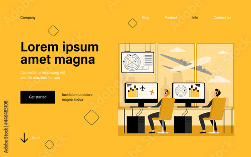 Operators controlling aircraft flat vector illustration. Cartoon characters sitting in airport command room. Flight control center and international transportation concept