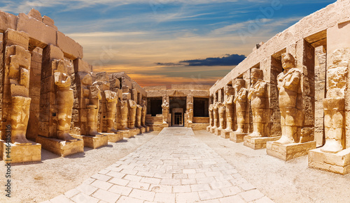 Statues of the Great Temple of Amun at sunset, Karnak Temple, Luxor, Egypt