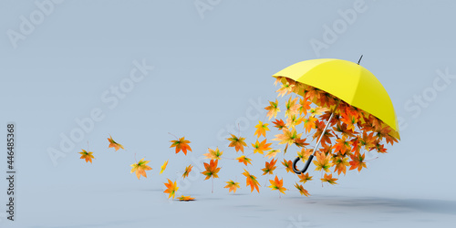 Yellow umbrella flying with colorful autumn leaves on gray background 3D Rendering, 3D Illustration photo