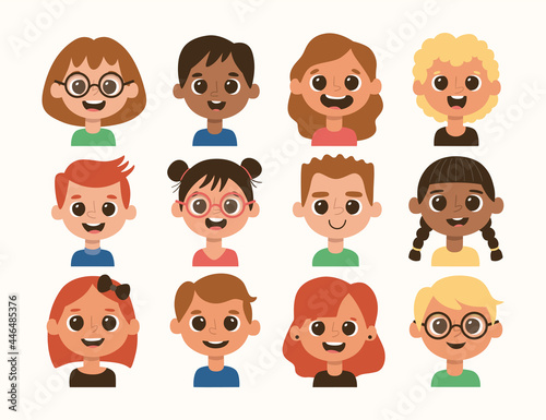 Children avatar set in cartoon style. Different hair style and skin color. Vector illustration. Set 4 of 4.