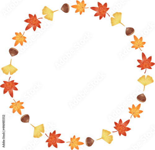 手描き　色鉛筆　紅葉と銀杏　落ち葉のイラストフレーム