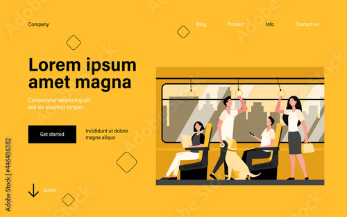 People riding subway train. Commuters sitting and standing in carriage. Vector illustration for metro passengers, commuting, public transport concept