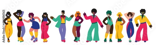 Vector set of dancing people. Disco and fashion of 70s
