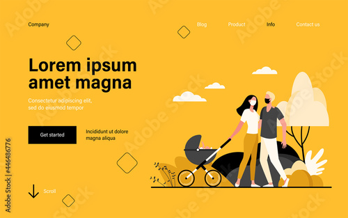 Family with baby in pram wearing masks. Kid, buggy, park flat vector illustration. Pandemic and protection concept for banner, website design or landing web page