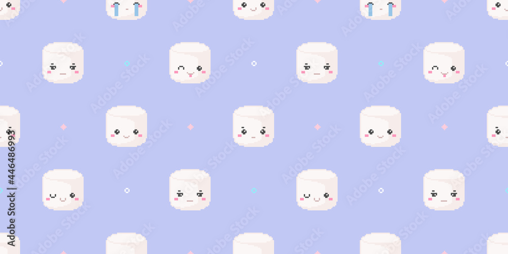 Fototapeta premium Seamless pixel art cute pattern with marshmallows. Kawaii 8 bit marshmallows sweet pattern for textile, fabric, paper, decor, wrapping on blue background. Simple backdrop retro marshmallow pattern.