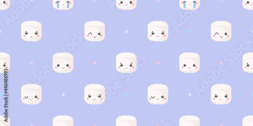 Seamless pixel art cute pattern with marshmallows. Kawaii 8 bit marshmallows sweet pattern for textile, fabric, paper, decor, wrapping on blue background. Simple backdrop retro marshmallow pattern.