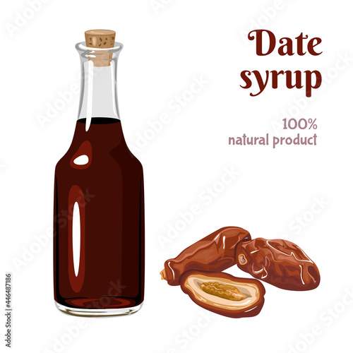 Date syrup in glass bottle isolated on white background. Dried date  fruit. Vector illustration of natural sweetener in cartoon flat style.