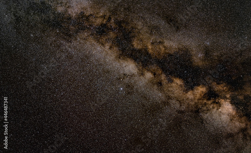 Night sky, many stars with milky way around Aquila constellation visible. Long exposure stacked photo