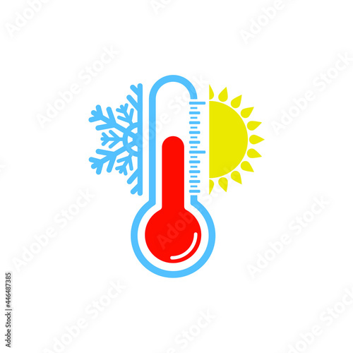 Thermometer for measuring air temperature. Sun and snowflake as a symbol of cold and warmth. Vector illustration, flat minimal color cartoon design isolated on white background, eps 10.