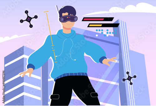 A boy wearing VR glasses travels through the virtual world. Virtual world in the future