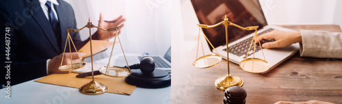 Business and lawyers discussing contract papers with brass scale on desk in office. Law, legal services, advice, justice and law concept photo