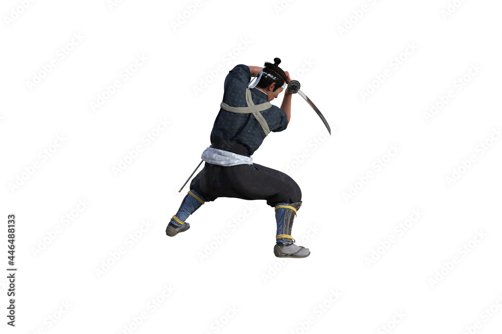 Chinese fighter poses with sword for your scenes specially for collage, isolated on white background. 3D illustration. 3D rendering. Chinese fighter poses with sword for your scenes specially for collage, isolated on white background. 3D illustration. 3D rendering.