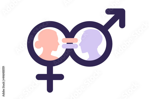 Gender equality concept. Men and women character on the scales for gender equality. Vector illustration. Flat.