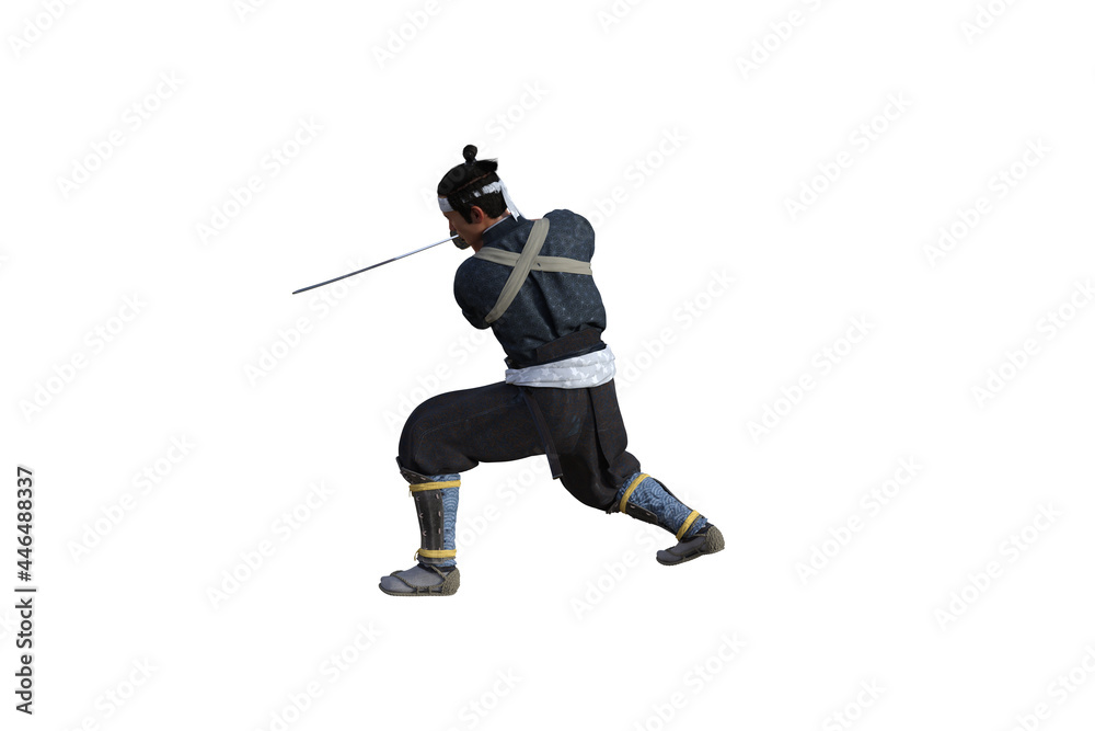 Chinese fighter poses with sword for your scenes specially for collage, isolated on white background. 3D illustration. 3D rendering. Chinese fighter poses with sword for your scenes specially for collage, isolated on white background. 3D illustration. 3D rendering.