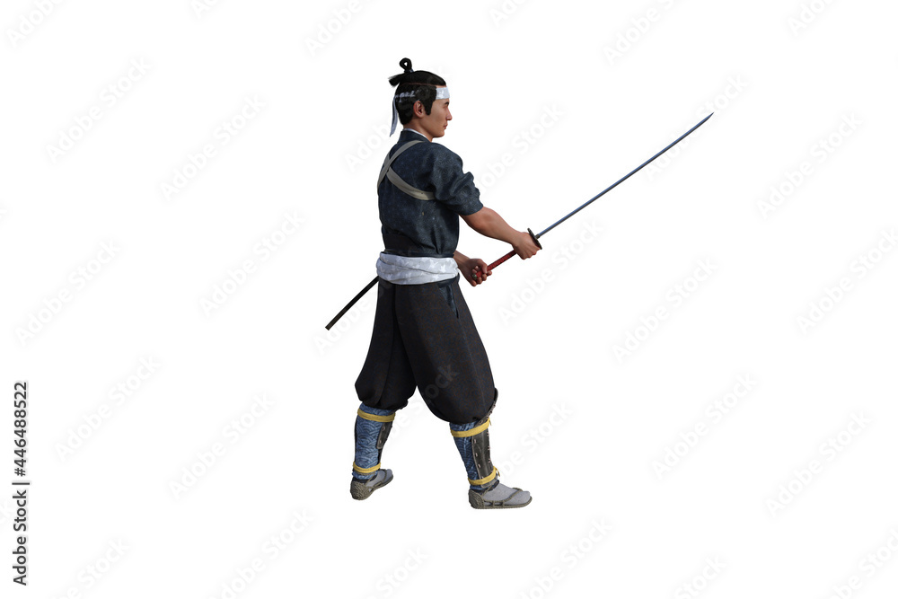 Chinese fighter poses with sword for your scenes specially for collage, isolated on white background. 3D illustration. 3D rendering. Chinese fighter poses with sword for your scenes specially for collage, isolated on white background. 3D illustration. 3D rendering.