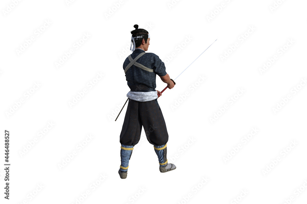 Chinese fighter poses with sword for your scenes specially for collage, isolated on white background. 3D illustration. 3D rendering. Chinese fighter poses with sword for your scenes specially for collage, isolated on white background. 3D illustration. 3D rendering.