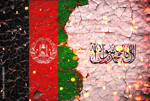 Afghanistan and Taliban flags painted over cracked concrete wall.And lava flows behind. Afghanistan vs Taliban war. photo