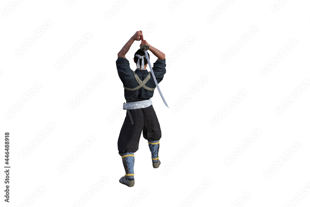 Chinese fighter poses with sword for your scenes specially for collage, isolated on white background. 3D illustration. 3D rendering. Chinese fighter poses with sword for your scenes specially for collage, isolated on white background. 3D illustration. 3D rendering.