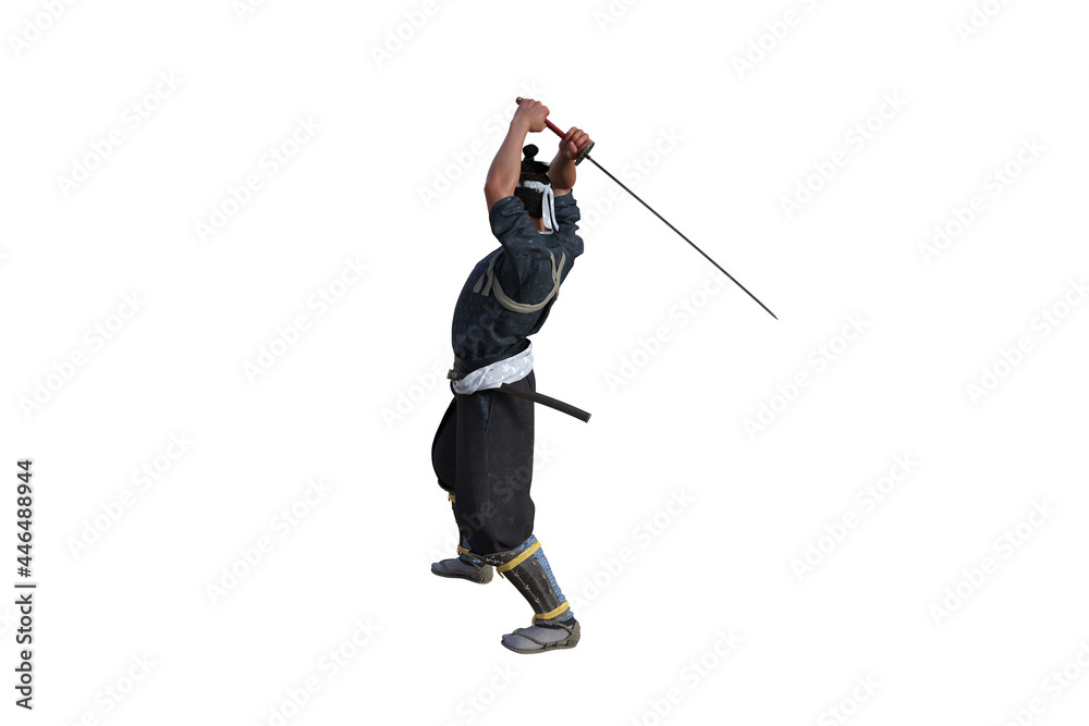 Chinese fighter poses with sword for your scenes specially for collage, isolated on white background. 3D illustration. 3D rendering. Chinese fighter poses with sword for your scenes specially for collage, isolated on white background. 3D illustration. 3D rendering.