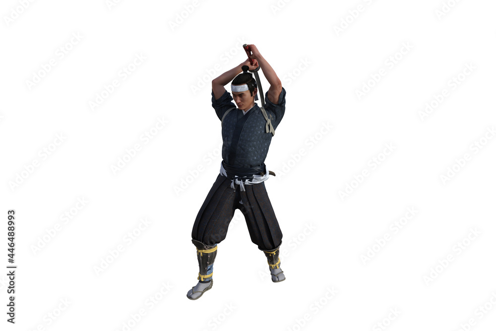 Chinese fighter poses with sword for your scenes specially for collage, isolated on white background. 3D illustration. 3D rendering. Chinese fighter poses with sword for your scenes specially for collage, isolated on white background. 3D illustration. 3D rendering.