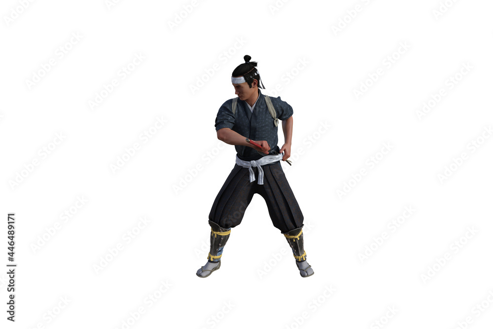 Chinese fighter poses with sword for your scenes specially for collage, isolated on white background. 3D illustration. 3D rendering. Chinese fighter poses with sword for your scenes specially for collage, isolated on white background. 3D illustration. 3D rendering.