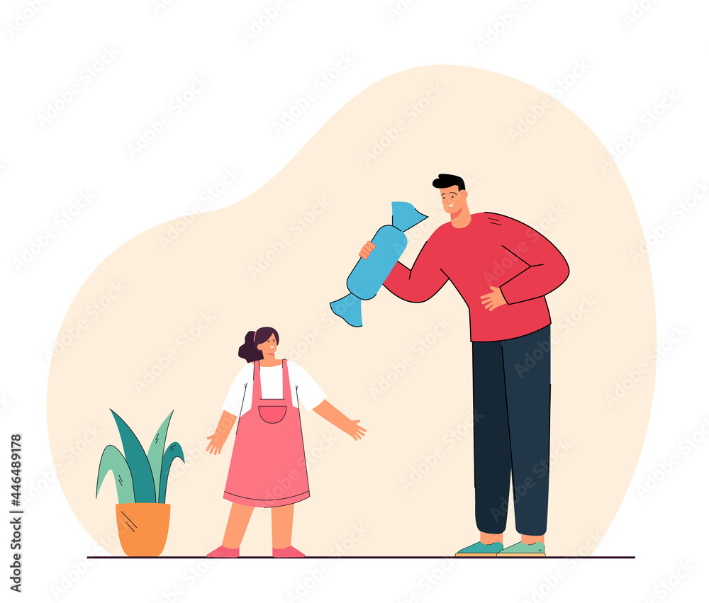 Man giving giant candy to little girl giant. Flat vector illustration. Dad giving sweetness to happy daughter by encouraging her behavior and showing love. Family, joy, gift, treat, childhood concept