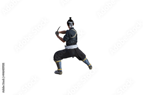 Fototapeta Naklejka Na Ścianę i Meble -  Chinese fighter poses with sword for your scenes specially for collage, isolated on white background. 3D illustration. 3D rendering.