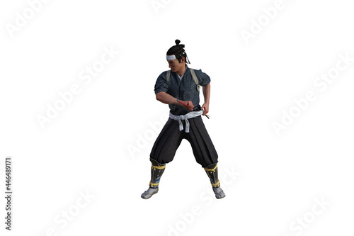 Chinese fighter poses with sword for your scenes specially for collage, isolated on white background. 3D illustration. 3D rendering. © W.S. Coda