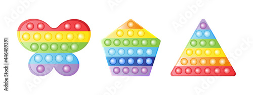Set Antistress trendy toys fidget sensory pop it and simple dimple, triangle shape. Colorful Silicone bubbles. Finger training for children, adults. New exotic decompression toys. Vector illustration