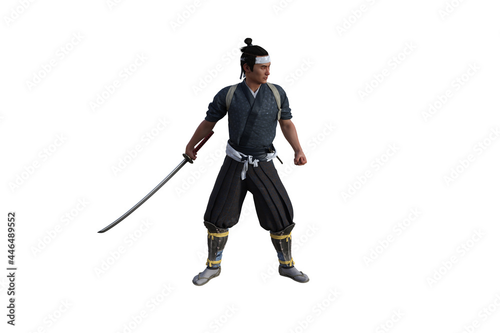 Chinese fighter poses with sword for your scenes specially for collage, isolated on white background. 3D illustration. 3D rendering. Chinese fighter poses with sword for your scenes specially for collage, isolated on white background. 3D illustration. 3D rendering.