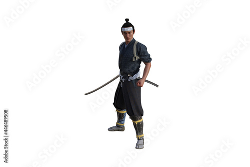 Chinese fighter poses with sword for your scenes specially for collage, isolated on white background. 3D illustration. 3D rendering.