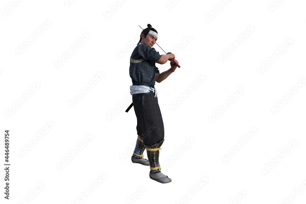 Chinese fighter poses with sword for your scenes specially for collage, isolated on white background. 3D illustration. 3D rendering. Chinese fighter poses with sword for your scenes specially for collage, isolated on white background. 3D illustration. 3D rendering.