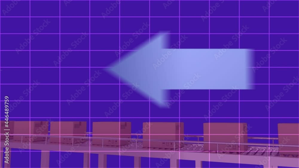 Arrow icon moving on grid network over multiple boxes on conveyor belt against blue background Arrow icon moving on grid network over multiple boxes on conveyor belt against blue background