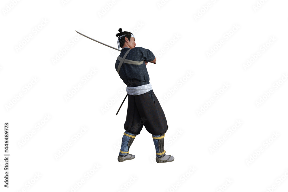 Chinese fighter poses with sword for your scenes specially for collage, isolated on white background. 3D illustration. 3D rendering.
