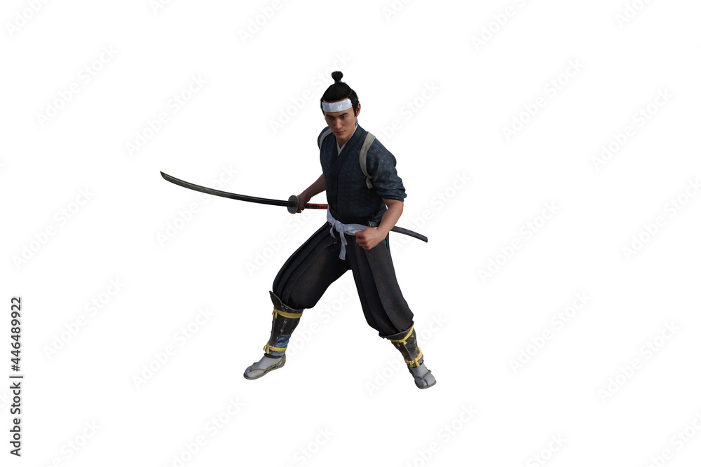 Chinese fighter poses with sword for your scenes specially for collage, isolated on white background. 3D illustration. 3D rendering. Chinese fighter poses with sword for your scenes specially for collage, isolated on white background. 3D illustration. 3D rendering.