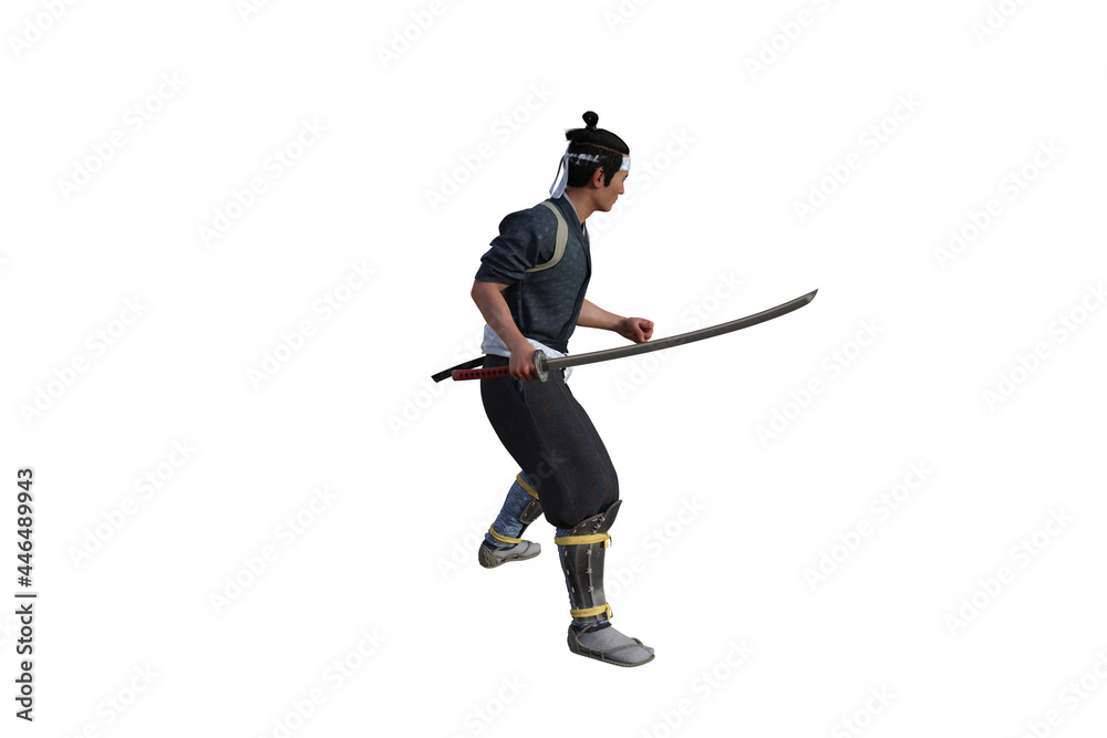 Chinese fighter poses with sword for your scenes specially for collage, isolated on white background. 3D illustration. 3D rendering.